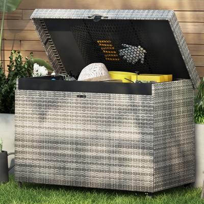 KTMBDW 230 Gallon Wicker Deck Box with Wheels, All-Weather Outdoor Storage Box for Patio, Garden