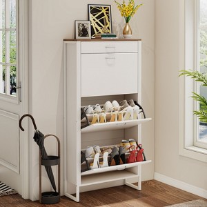 KTMBDW Rustic Shoe Cabinet with Flip Drawers, Narrow Shoe Cabinet with Metal Legs & Handles for Entryway, Hallway, Organizer - 1 of 4