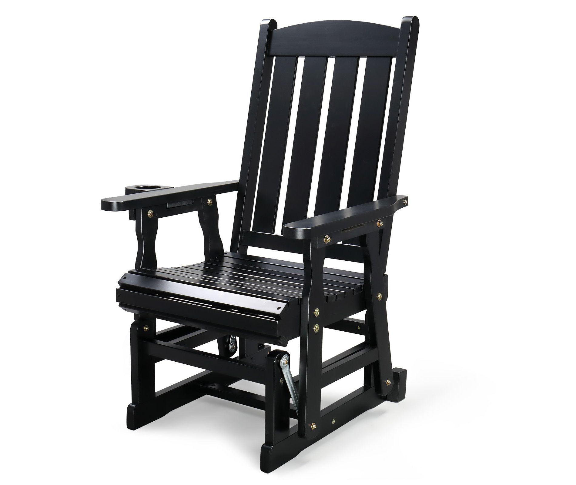 VINGLI Outdoor Glider Chair Wood Patio Glider with Cup Holder, Porch Glider with Smooth Rocking Mechanism, Black