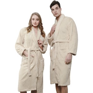 American Soft Linen Turkish Warm Fleece Bathrobe, Mens and Womens Robes, 1 Piece Shawl Collar  Adult Matching Couple Robes for your Bathroom - 1 of 4