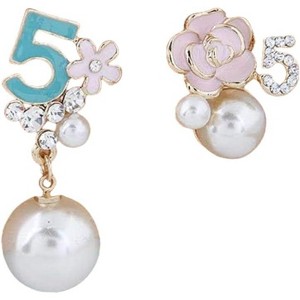 Blossoming Number Five Earrings - Pearl Camellia Flower Drops with Symbolic Elegance - 1 of 4