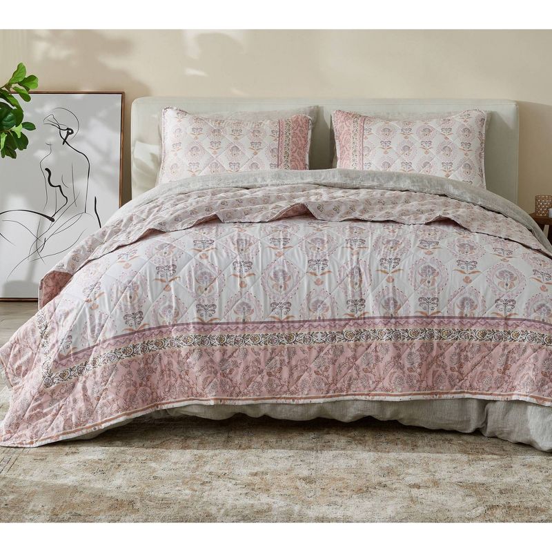 Chambrey Printed Vintage Quilt Bedding Set Rose Pink - Patina Vie , 1 of 9