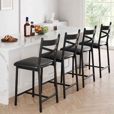 Bar Stools Set of 2/4, PU Upholstered Bar Chairs, Kitchen Island Chairs with X-Shaped Backrest and Metal Footrest, Black Counter Height Chairs