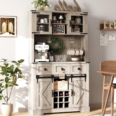 72" Kitchen Pantry Storage Cabinet with Hutch and Sliding Barn Door, Farmhouse Tall Buffet Cabinet with Drawers