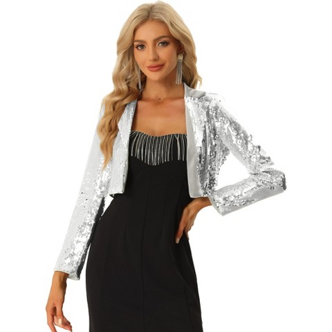 INSPIRE CHIC Women's Velvet Notched Lapel Long Sleeve Sparkly Cropped Sequin Open Front Jacket Silver Small