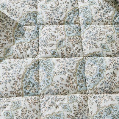 Blue Taupe Floral Reversible Twin Quilt Set with Shams