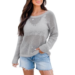 Sheer Tops for Women Summer Breathable Pullover Sweater Crochet Tops Long Sleeve Hollow Out Beach Summer Sweater Beach Cover Ups - 1 of 3