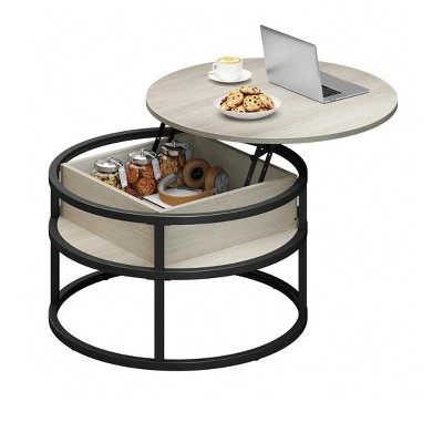 Round Lift Top Coffee Table with Storage and Hidden Compartment Wood Farmhouse Center Table For Living Room