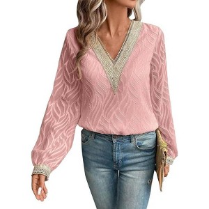Coolmee Women's Lace V Neck Tops Long Sleeve Dressy Pleated Tunic Blouses Casual Loose Shirts Fall Winter Basic Clothing - 1 of 4