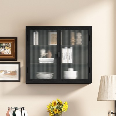27.56 Inch Wall Cabinet With 2 Glass Doors, 3-Tier Wall Mounted Storage Cabinet With Detachable Shelves, Modern Accent Cabinet