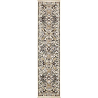 Ivory and Blue Synthetic Traditional Runner Rug, 3' x 13'