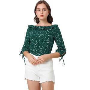 Allegra K Women's Vintage 3/4 Sleeve Boat Neck Ruffled Dots Print Blouse - 1 of 4