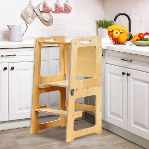 VECELO Toddler Kitchen Step Stool, Helper Baby Standing Tower with Chalkboard, Natural Wood Color - 1 of 4