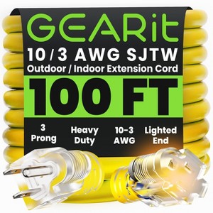 GEARit 10/3 Outdoor Extension Cord 100 Feet - SJTW - Weather Resistant - 10 Gauge 3 Prong, Yellow - 1 of 4