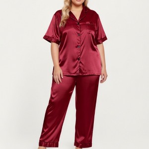 Anna-Kaci Lounge Women's PLus Size Satin Pajama Set with Short Sleeve Button Front Top and Relaxed Straight Leg Pants - 1 of 4