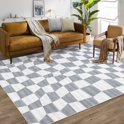 Washable Modern Checkered Area Rug | Stain Resistant Soft Geometric Throw Rug | Non-Slip Low Pile Accent Carpet for Living Room, Dining, Nursery
