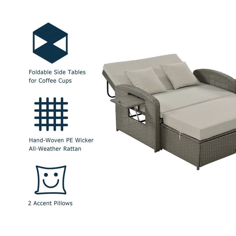 Patio PE Rattan Double Chaise Lounge, Reclining Daybed with Adjustable Back and Cushions-ModernLuxe, 5 of 15