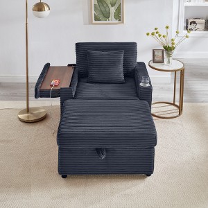 QingMoon Single Lounge Chaise Chair, Corduroy Lazy Sofa with Storage Ottoman, Table Board and Cup Holders for Living Room, Apartment - 1 of 4