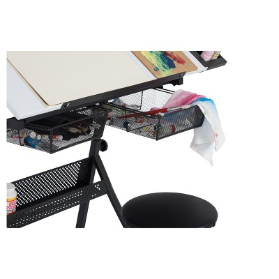 Adjustable White Metal Drafting Table with Storage Drawers