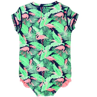 RuffleButts Toddler Girls Short Sleeve UPF50+ One Piece Rash Guard - Flamingo Frenzy, 4T — фото 2