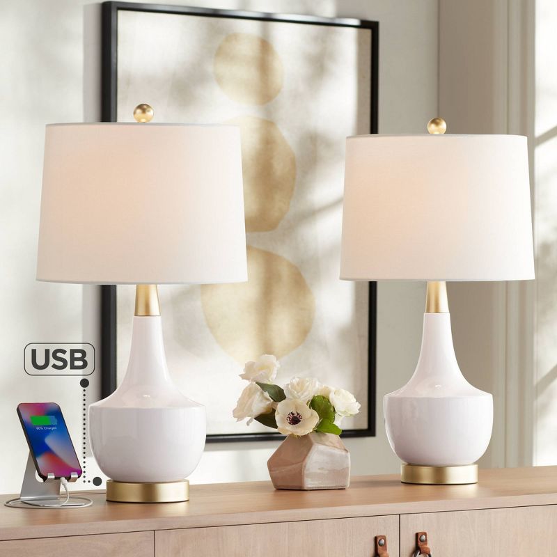 360 Lighting Nesbit 25" High Mid Century Modern Table Lamps Set of 2 USB Port White Gold Ceramic Metal Living Room Charging Bedroom Bedside Nightstand, 2 of 10