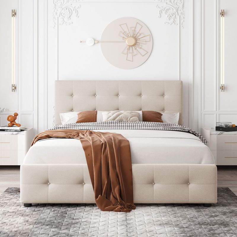 Upholstered Queen Size Platform Bed with Classic Headboard and 4 Drawers-ModernLuxe, 2 of 12