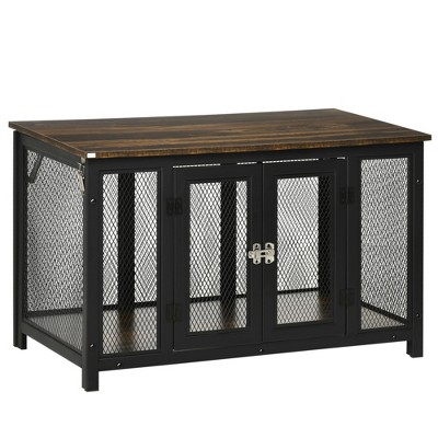 PawHut Dog Crate Furniture, Indoor Pet Crate End Table, Mesh Dog Kennels with Double Doors for Small and Medium Dogs, Brown