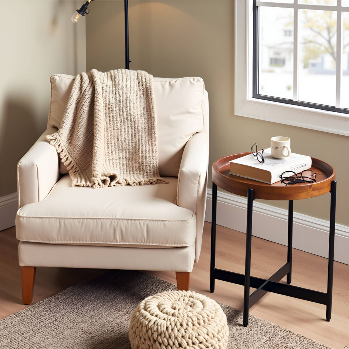 20" Brookline Round End Table Medium Chestnut - Alaterre Furniture: Chic Industrial, Fixed Tray Top - thumbnail 7