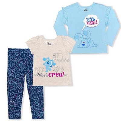 Nickelodeon Girl's 3-Pack Let's Think! Blue's Clues Ruffle Sleeve Tops and Patterned Legging Pant Set for Toddlers
