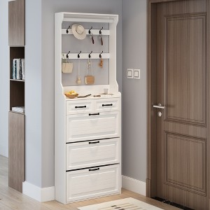 ORRD Shoe Cabinet with Hanger, 3-Door 2-Drawer Entryway Storage Organizer, White Narrow Hallway Furniture - 1 of 4