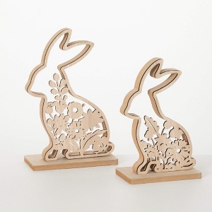 Sullivans 10.5" & 12.25" Laser Cut Botanical Bunnies Set of 2, Brown - 1 of 3