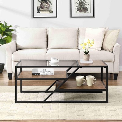 Angel Sar Black Coffee Table, Tempered Glass Coffee Table with Open Shelf, Metal Frame for Living Room