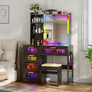 Vlsrka Vanity Desk with Sliding Mirror and LED Lights, RGB Vanity with Charging Station - 1 of 3