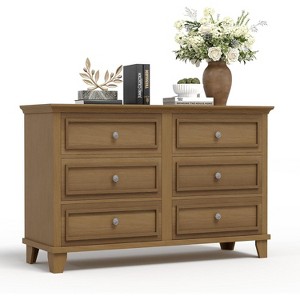 Farmhouse white storage cabinet with 6 drawers, dresser TV stand with vintage handles, wide wood for bedroom, living room, hallway - 1 of 4