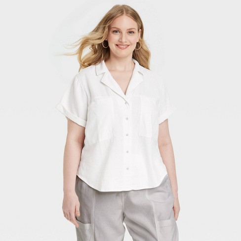 Linen-blend Blouse - White - Ladies