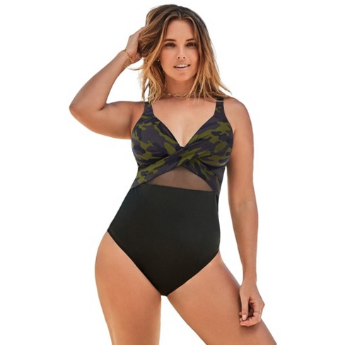 Swimsuits For All Women's Plus Size Cut Out Mesh Underwire One Piece  Swimsuit, 6 - Green Camo : Target