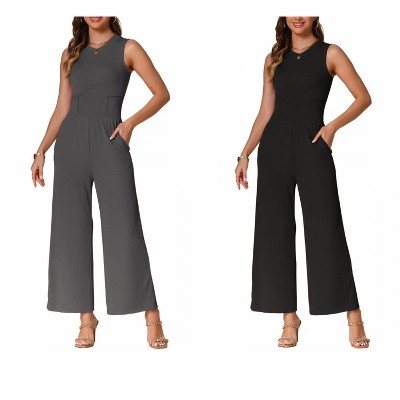 INSPIRE CHIC Women's Dressy Casual Outfits Sleeveless Crewneck Wide Leg Summer Jumpsuit 2 Packs