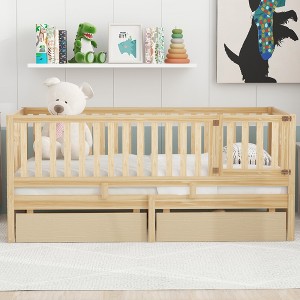 YOOCOZZ Twin Size Wooden Daybed with Fence Guardrails and 2 Storage Drawers, Convertible into an Independent Floor Bed and Daybed - 1 of 4