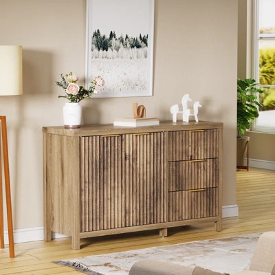 PAKASEPT 55" Fluted Buffet Sideboard Kitchen Cupboard Storage Cabinet with 3 Drawers & 2 Doors Brown