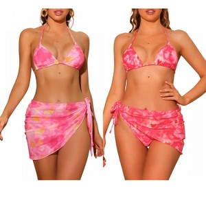 INSPIRE CHIC Women's Dye Halter Tie Triangle Swimsuits with Sarong Cover Ups Beach Skirt Bikini 2 Set - 1 of 4