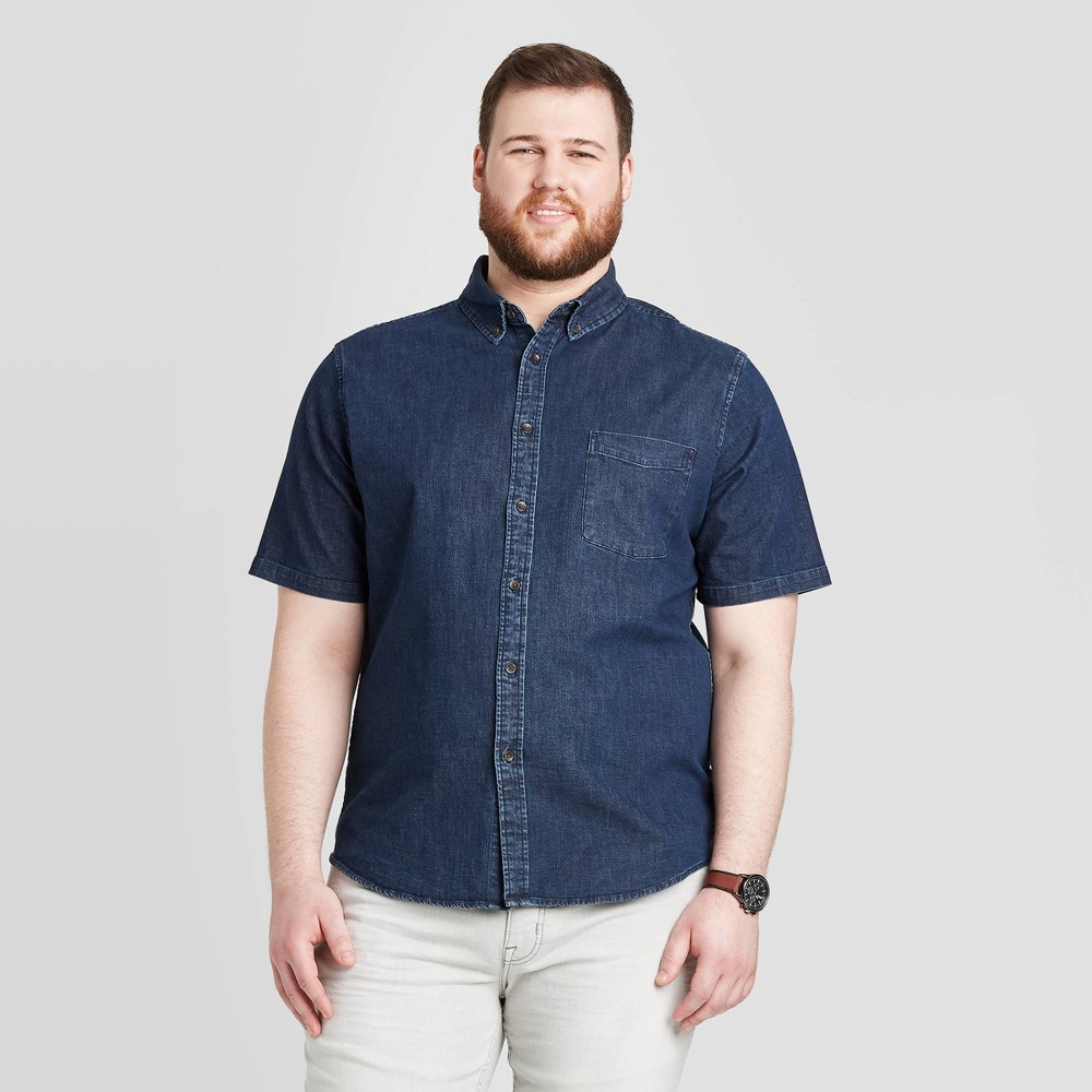 Men's Tall Standard Fit Short Sleeve Denim Shirt - Goodfellow & Co Dark Wash LT, Men's, Dark Blue was $19.99 now $12.0 (40.0% off)
