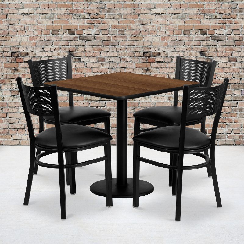 Flash Furniture 30'' Square Walnut Laminate Table Set with 4 Grid Back Metal Chairs - Black Vinyl Seat, 3 of 4