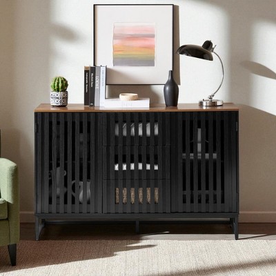 Mshliw Modern 3-Drawer and 4-Shelf Dresser with Slatted Grille Doors, High-Quality MDF Storage Cabinet with Metal Legs for Bedroom or Living Room