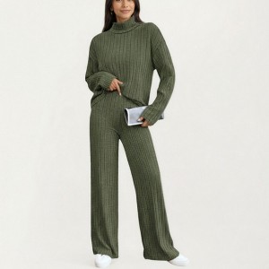 Anna-Kaci Women’s Ribbed Knit Relaxed Fit 2-Piece Set with High Neck Top Soft Stretch Fabric and Wide Leg Pants - 1 of 4