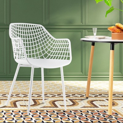 Set of 4 White Metal Mesh Arm Chairs