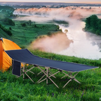 Blue and Beige Folding Camping Cot with Carry Bag