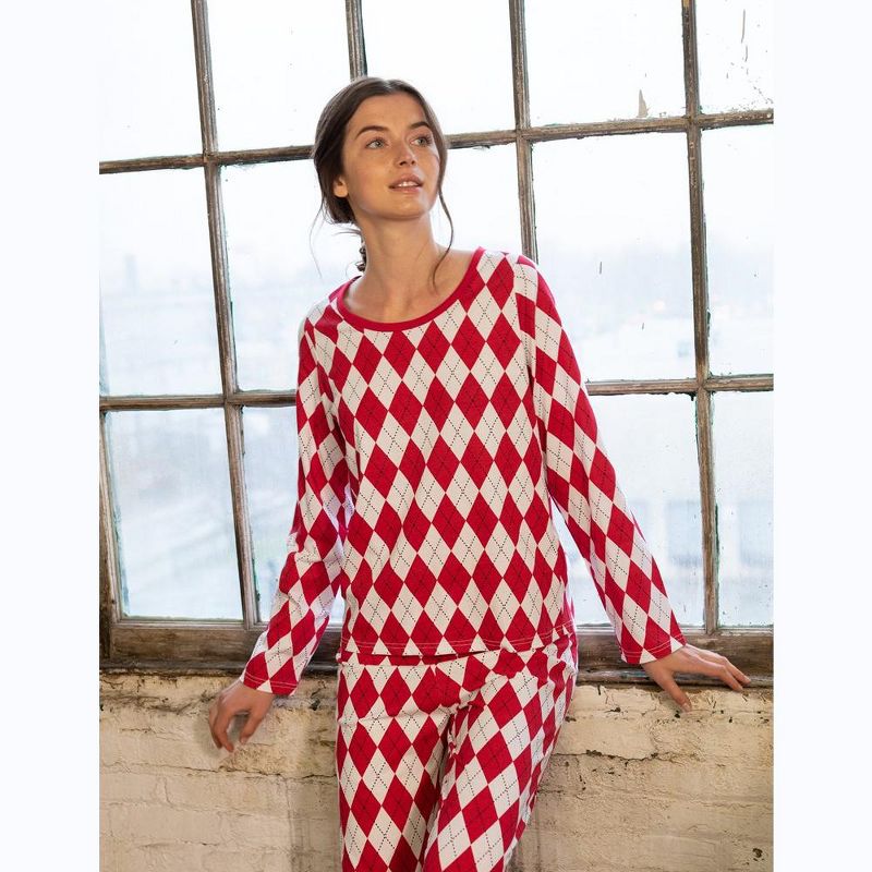 Leveret Womens Two Piece Cotton Argyle Christmas Pajamas, 2 of 4