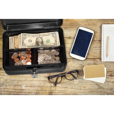 Black Steel Security Cash Box with Key Lock and Removable Tray