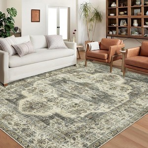 2'x6' Washable Hallway Runner Rug, Vintage Medallion Distressed, Foldable Low Pile, Ideal for Bedroom, Living Room, Laundry Room, Brown - 1 of 4
