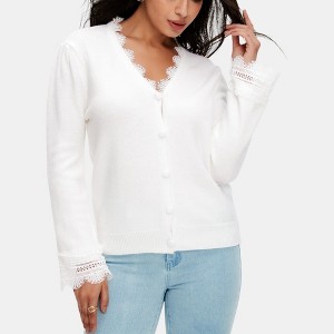 Knit & Lounge Women’s Textured Knit Button Front Cardigan Feminine Lace Trim V Neck Long Sleeve Ribbed Cuff - 1 of 4